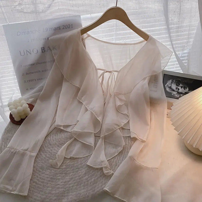 Ruffled Blouses Women Summer Sun-proof Thin Flare Sleeve Sweet Breathable Lace-up All-match Tender Japanese Style Temperament