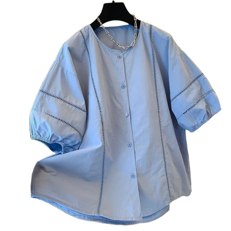 2025 Summer New Sweet Round Neck Solid Color Short-Sleeved Shirt Women Temperament Stitching Design Shirt Chic Top