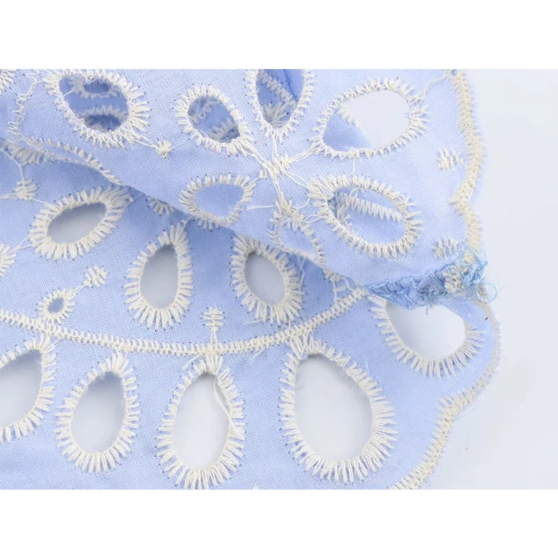 YENKYE Spring 2025 Women Hollow Out Embroidery Blue Shirt Front Button Lapel Collar Loose Blouse Streetwear Blusas Mujer