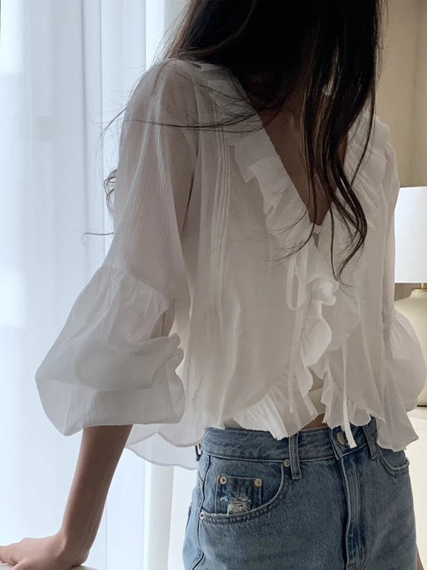 Loose Women's irt V-Ne Ties Long Sve Faionable Anti-Uv Lace Trim Super Fairy White Summer Commute Sle Pure Color