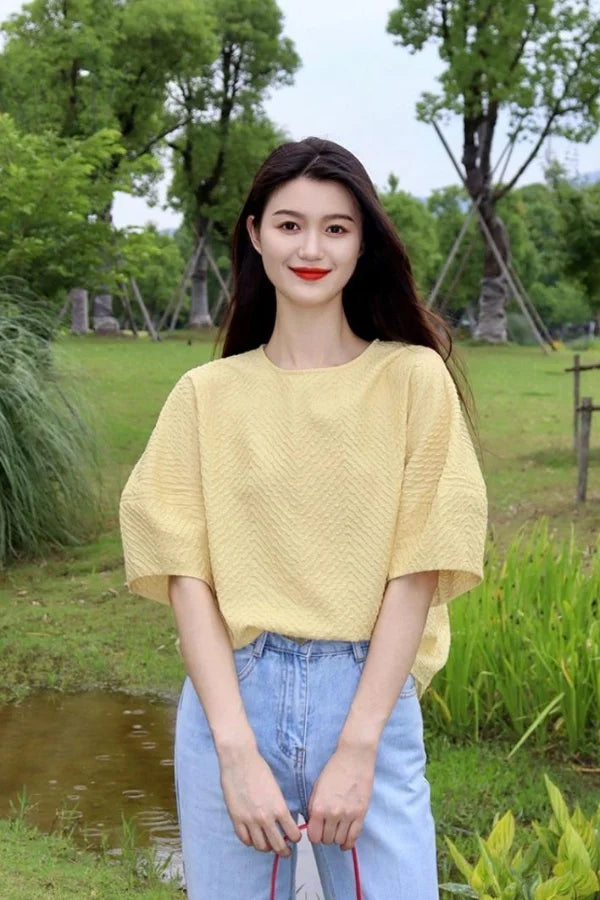 Elegant Pretty Blouse Tender Style Sweet Short Sleeves Exquisite Top High Grade Yellow Round Neck Shirt Women Summer