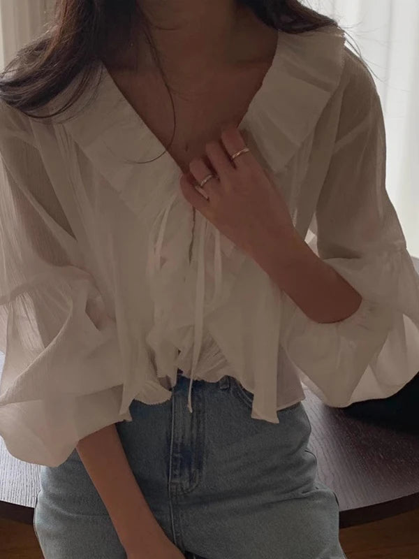 Loose Women's irt V-Ne Ties Long Sve Faionable Anti-Uv Lace Trim Super Fairy White Summer Commute Sle Pure Color