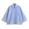 YENKYE Spring 2025 Women Hollow Out Embroidery Blue Shirt Front Button Lapel Collar Loose Blouse Streetwear Blusas Mujer