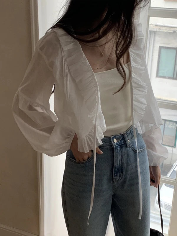 Loose Women's irt V-Ne Ties Long Sve Faionable Anti-Uv Lace Trim Super Fairy White Summer Commute Sle Pure Color