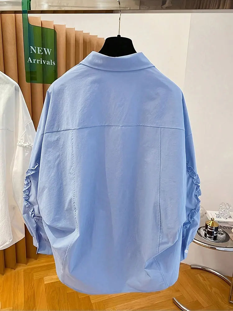 New Elegant Blue Lace trim on Sleeve Button Shirt Loose Long Sleeve Blouses Korean Popular Women's Clothes Large Size Top Autumn